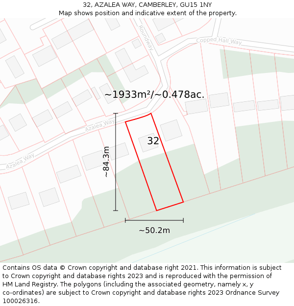 32, AZALEA WAY, CAMBERLEY, GU15 1NY: Plot and title map