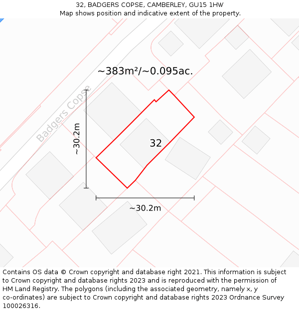 32, BADGERS COPSE, CAMBERLEY, GU15 1HW: Plot and title map