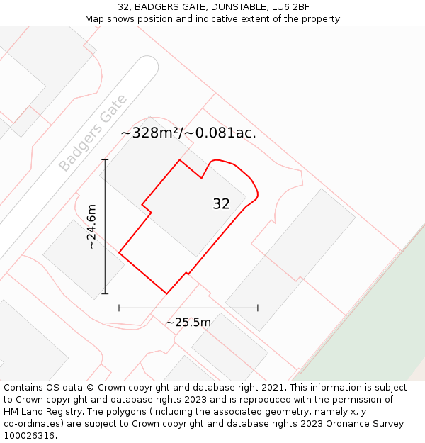 32, BADGERS GATE, DUNSTABLE, LU6 2BF: Plot and title map