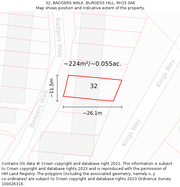 32, BADGERS WALK, BURGESS HILL, RH15 0AE: Plot and title map