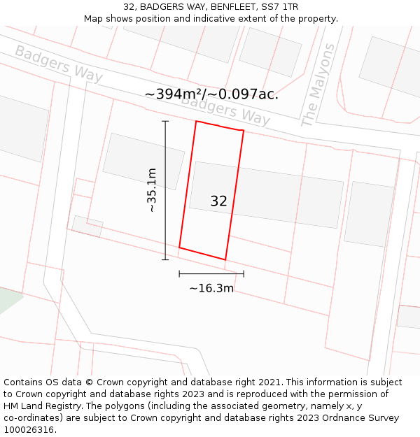 32, BADGERS WAY, BENFLEET, SS7 1TR: Plot and title map