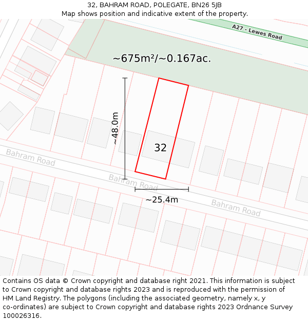 32, BAHRAM ROAD, POLEGATE, BN26 5JB: Plot and title map