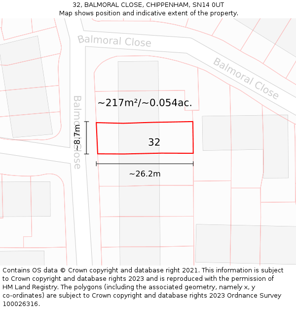 32, BALMORAL CLOSE, CHIPPENHAM, SN14 0UT: Plot and title map