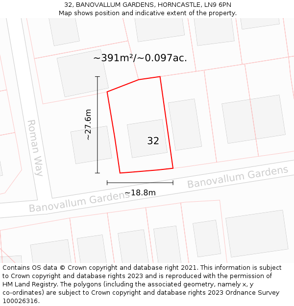 32, BANOVALLUM GARDENS, HORNCASTLE, LN9 6PN: Plot and title map