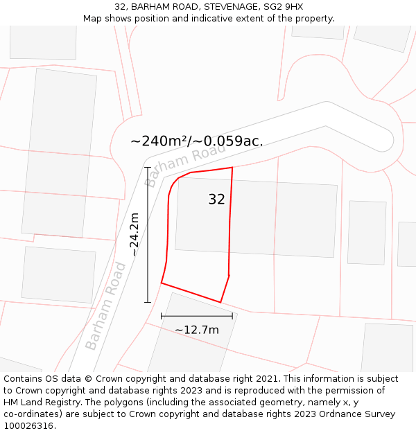 32, BARHAM ROAD, STEVENAGE, SG2 9HX: Plot and title map