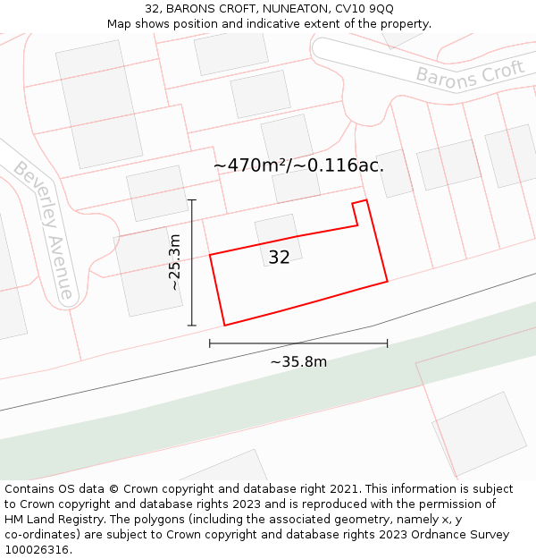 32, BARONS CROFT, NUNEATON, CV10 9QQ: Plot and title map