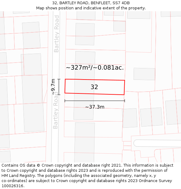 32, BARTLEY ROAD, BENFLEET, SS7 4DB: Plot and title map