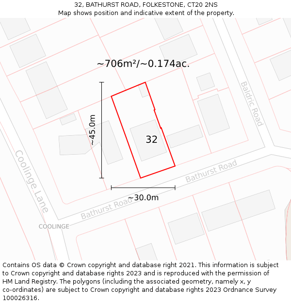 32, BATHURST ROAD, FOLKESTONE, CT20 2NS: Plot and title map