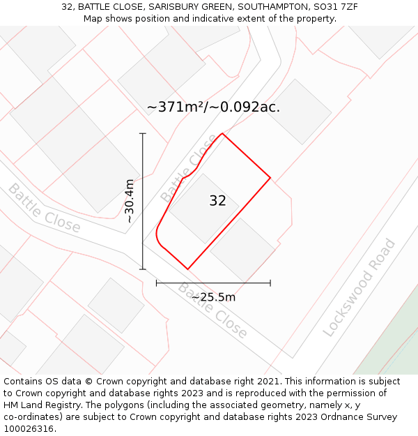 32, BATTLE CLOSE, SARISBURY GREEN, SOUTHAMPTON, SO31 7ZF: Plot and title map
