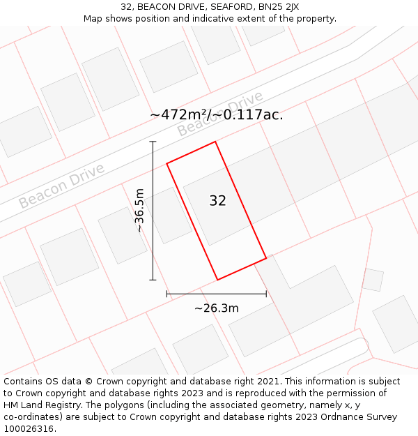 32, BEACON DRIVE, SEAFORD, BN25 2JX: Plot and title map