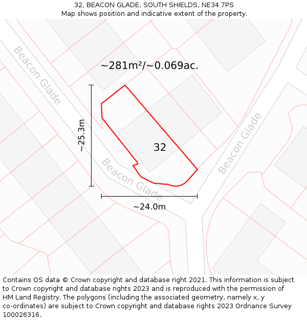 32, BEACON GLADE, SOUTH SHIELDS, NE34 7PS: Plot and title map