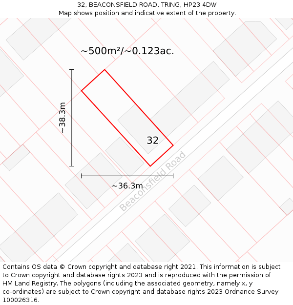 32, BEACONSFIELD ROAD, TRING, HP23 4DW: Plot and title map