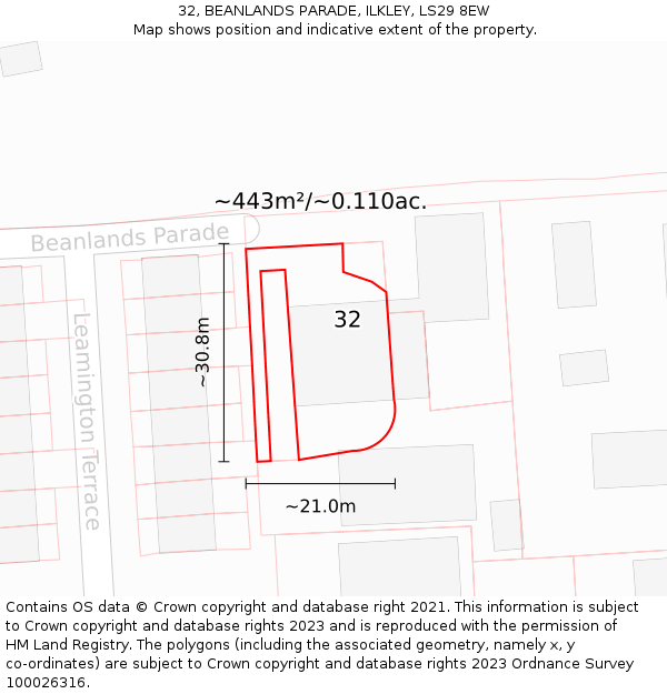 32, BEANLANDS PARADE, ILKLEY, LS29 8EW: Plot and title map