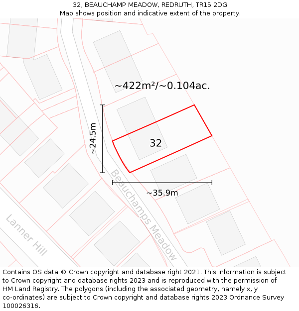 32, BEAUCHAMP MEADOW, REDRUTH, TR15 2DG: Plot and title map