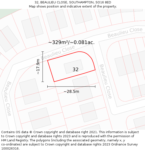 32, BEAULIEU CLOSE, SOUTHAMPTON, SO16 8ED: Plot and title map