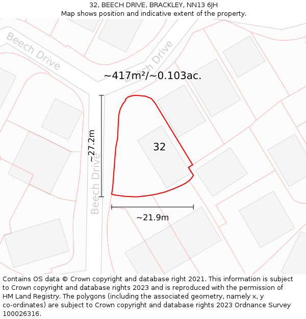 32, BEECH DRIVE, BRACKLEY, NN13 6JH: Plot and title map