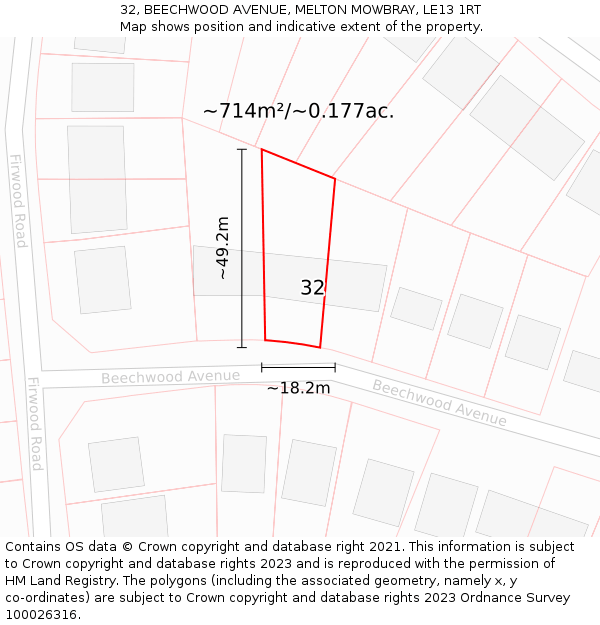 32, BEECHWOOD AVENUE, MELTON MOWBRAY, LE13 1RT: Plot and title map