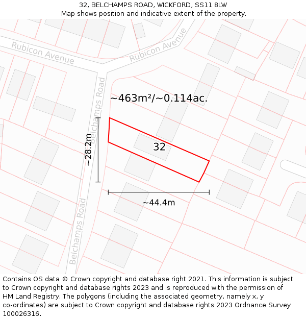 32, BELCHAMPS ROAD, WICKFORD, SS11 8LW: Plot and title map