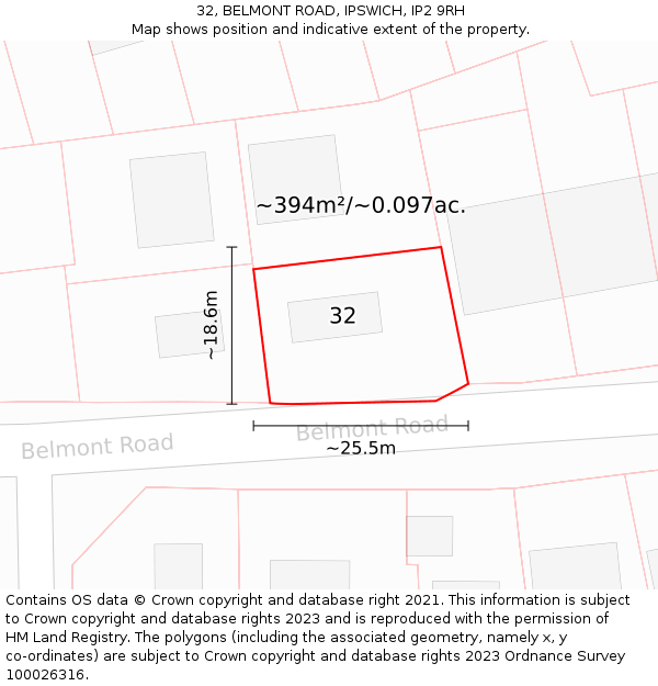 32, BELMONT ROAD, IPSWICH, IP2 9RH: Plot and title map