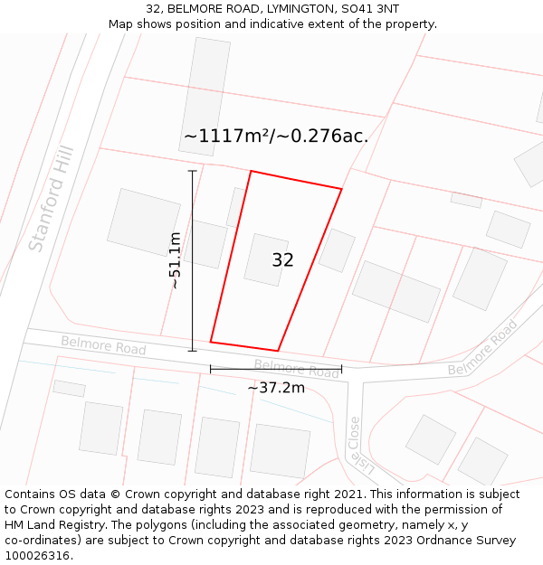 32, BELMORE ROAD, LYMINGTON, SO41 3NT: Plot and title map