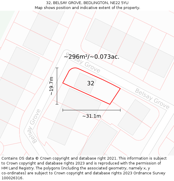 32, BELSAY GROVE, BEDLINGTON, NE22 5YU: Plot and title map