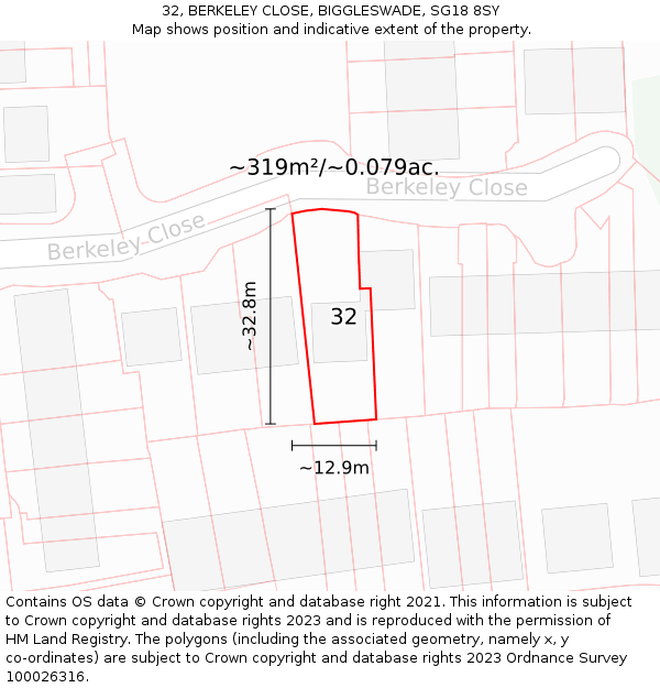 32, BERKELEY CLOSE, BIGGLESWADE, SG18 8SY: Plot and title map