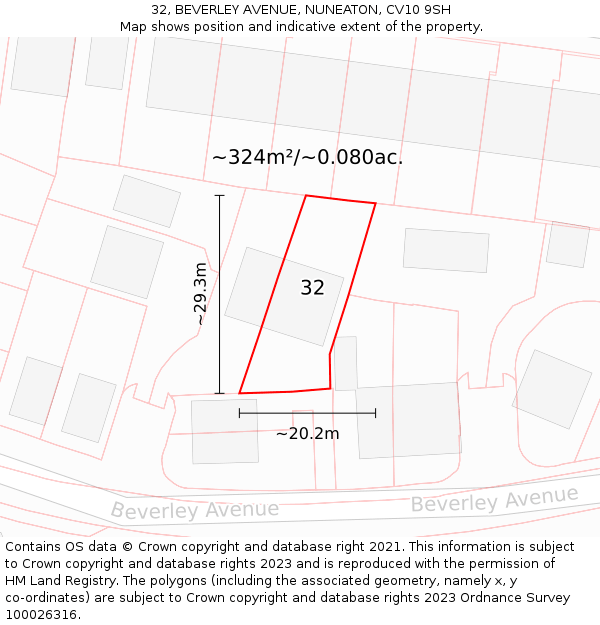 32, BEVERLEY AVENUE, NUNEATON, CV10 9SH: Plot and title map