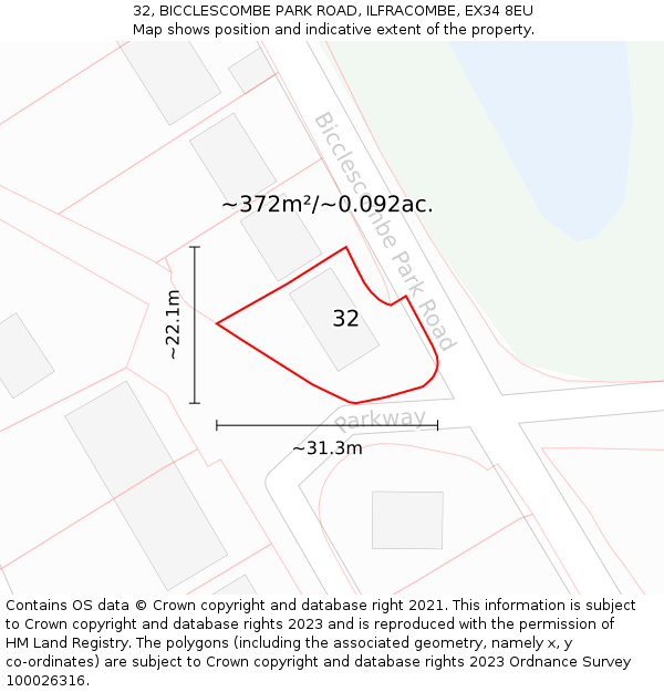 32, BICCLESCOMBE PARK ROAD, ILFRACOMBE, EX34 8EU: Plot and title map