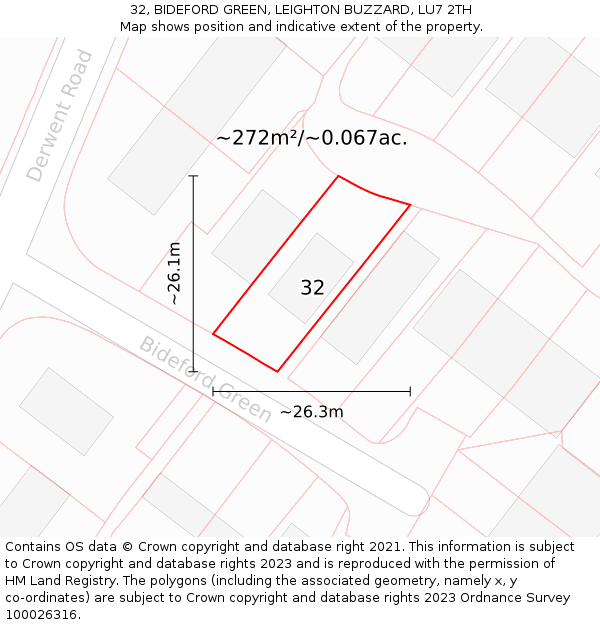 32, BIDEFORD GREEN, LEIGHTON BUZZARD, LU7 2TH: Plot and title map