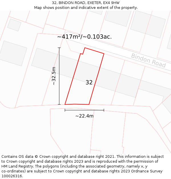 32, BINDON ROAD, EXETER, EX4 9HW: Plot and title map