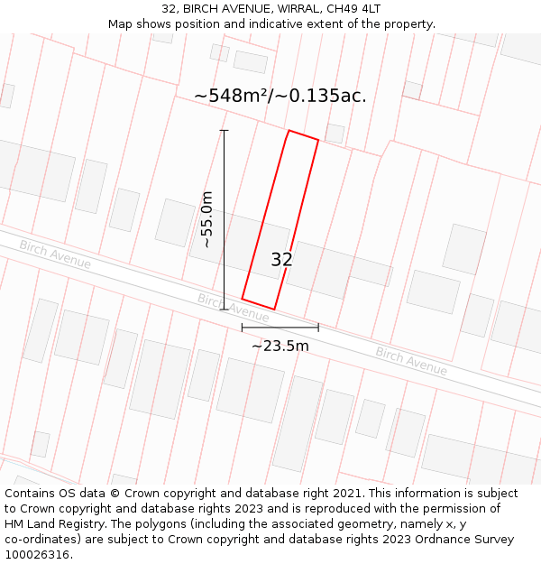 32, BIRCH AVENUE, WIRRAL, CH49 4LT: Plot and title map