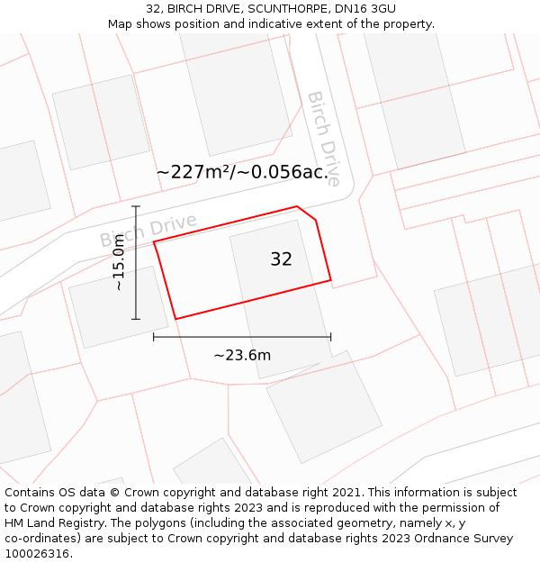 32, BIRCH DRIVE, SCUNTHORPE, DN16 3GU: Plot and title map