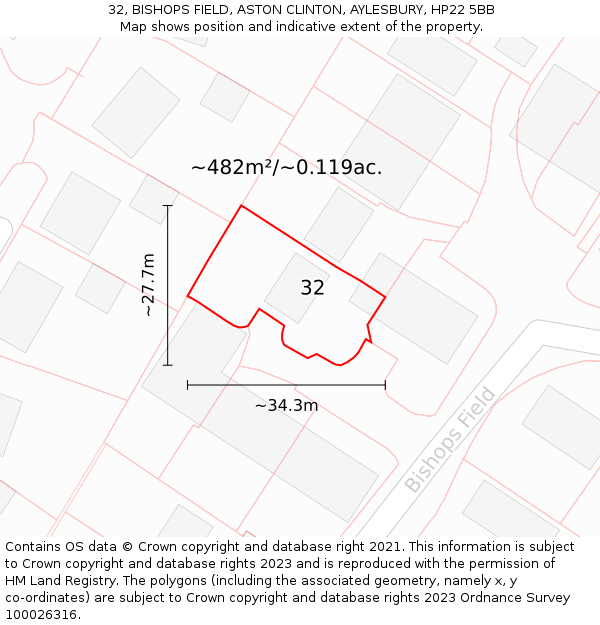 32, BISHOPS FIELD, ASTON CLINTON, AYLESBURY, HP22 5BB: Plot and title map