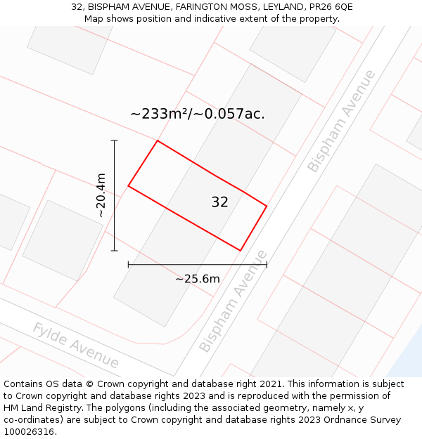 32, BISPHAM AVENUE, FARINGTON MOSS, LEYLAND, PR26 6QE: Plot and title map