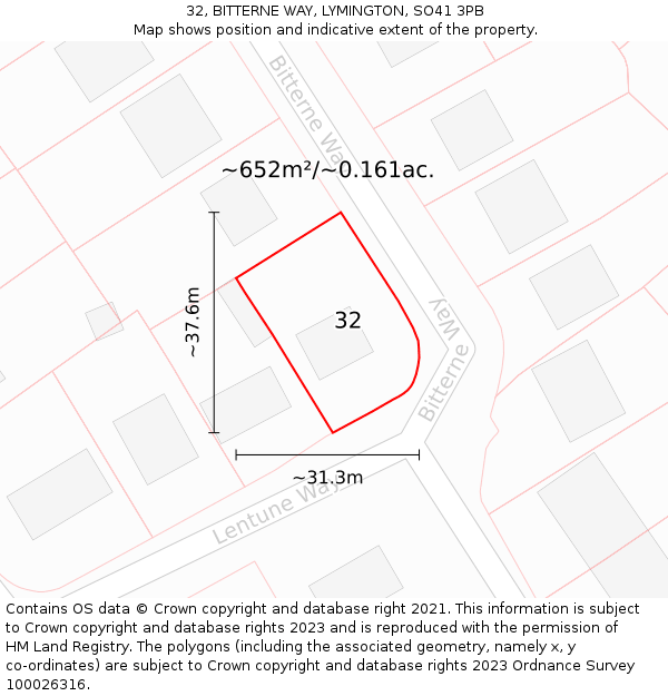 32, BITTERNE WAY, LYMINGTON, SO41 3PB: Plot and title map