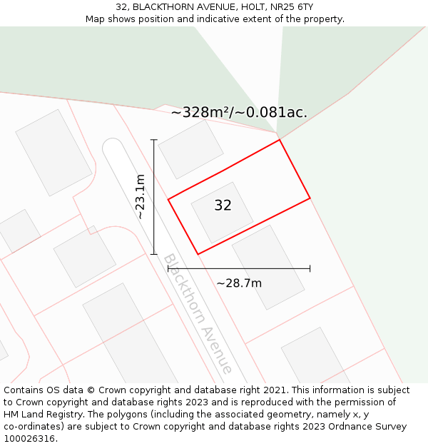 32, BLACKTHORN AVENUE, HOLT, NR25 6TY: Plot and title map