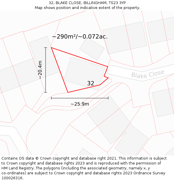 32, BLAKE CLOSE, BILLINGHAM, TS23 3YP: Plot and title map