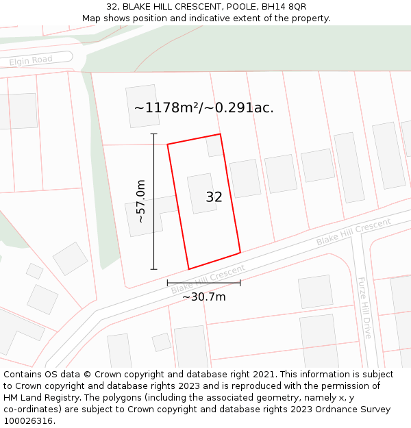 32, BLAKE HILL CRESCENT, POOLE, BH14 8QR: Plot and title map