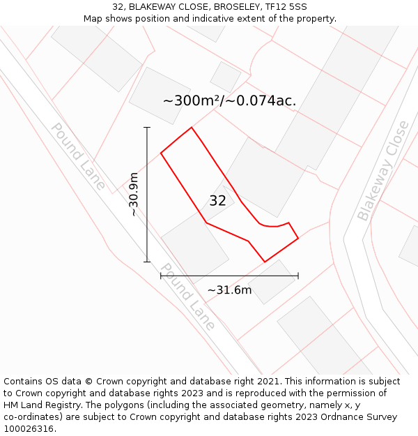 32, BLAKEWAY CLOSE, BROSELEY, TF12 5SS: Plot and title map