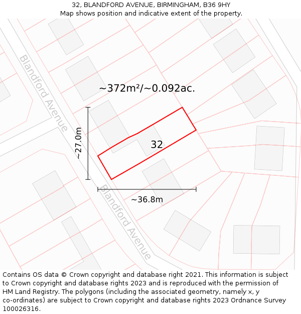 32, BLANDFORD AVENUE, BIRMINGHAM, B36 9HY: Plot and title map