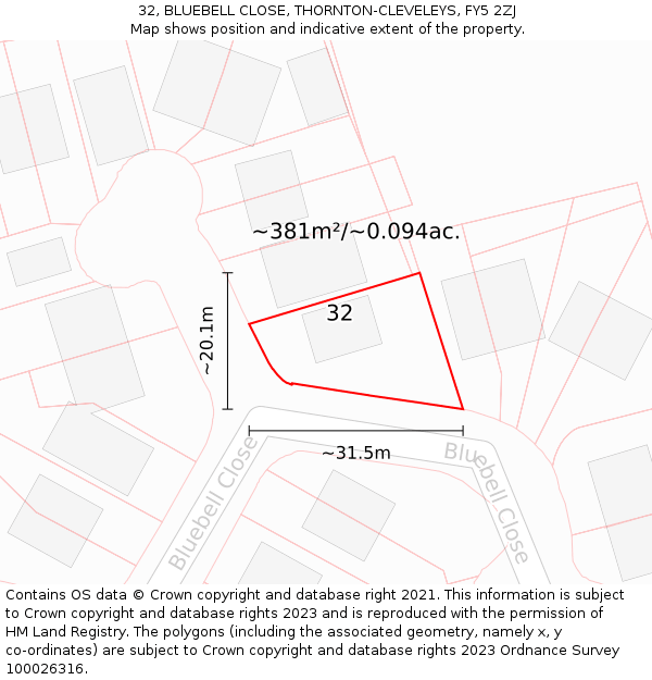 32, BLUEBELL CLOSE, THORNTON-CLEVELEYS, FY5 2ZJ: Plot and title map