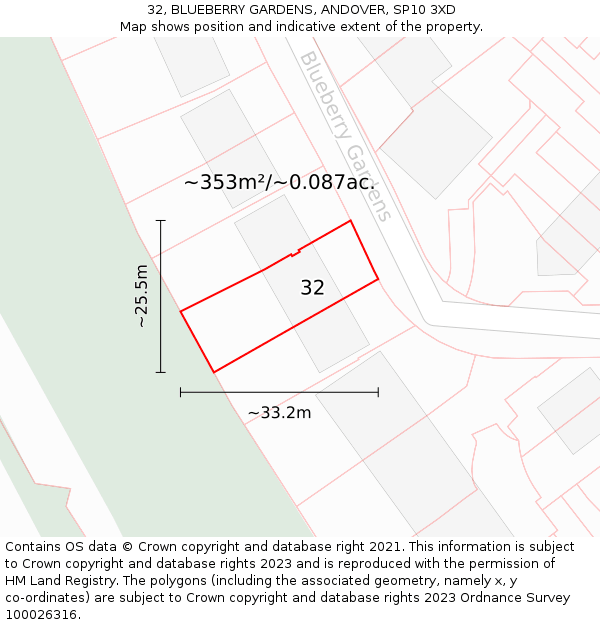 32, BLUEBERRY GARDENS, ANDOVER, SP10 3XD: Plot and title map