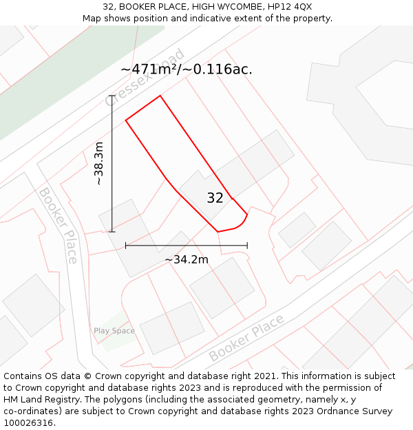 32, BOOKER PLACE, HIGH WYCOMBE, HP12 4QX: Plot and title map