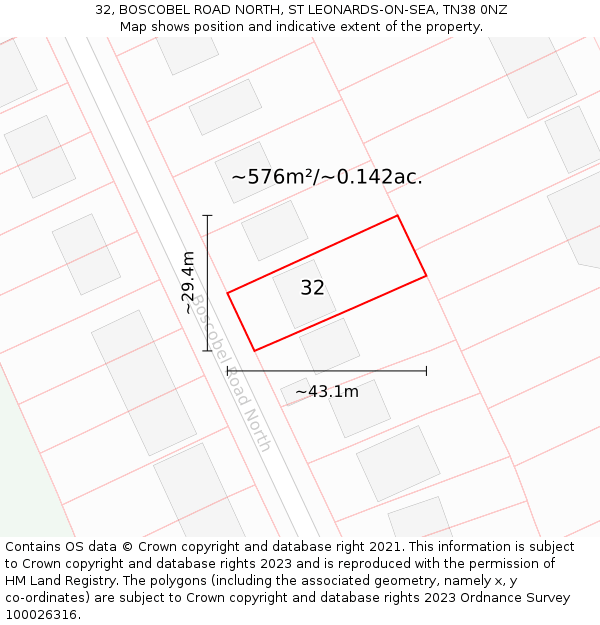 32, BOSCOBEL ROAD NORTH, ST LEONARDS-ON-SEA, TN38 0NZ: Plot and title map