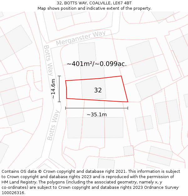 32, BOTTS WAY, COALVILLE, LE67 4BT: Plot and title map