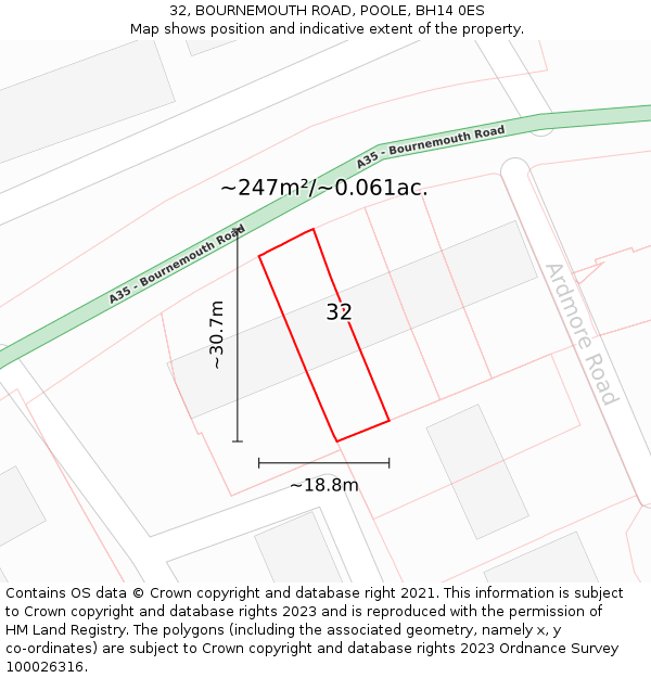 32, BOURNEMOUTH ROAD, POOLE, BH14 0ES: Plot and title map