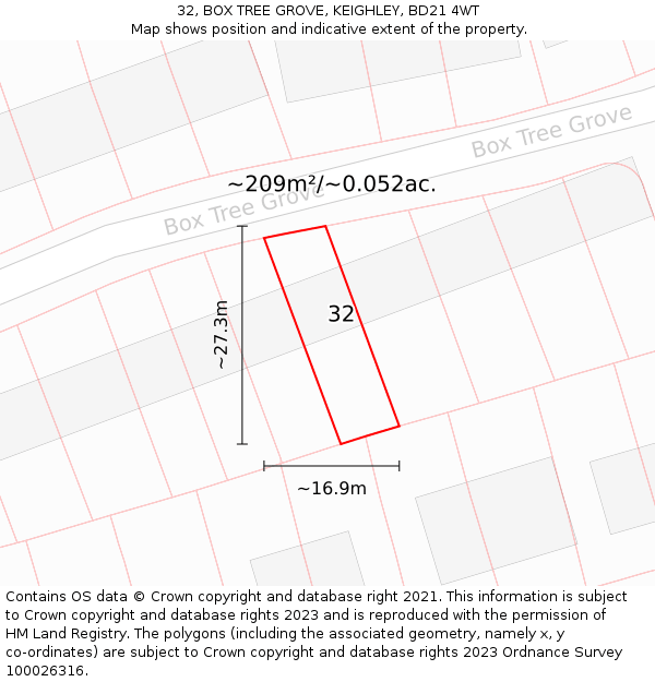 32, BOX TREE GROVE, KEIGHLEY, BD21 4WT: Plot and title map