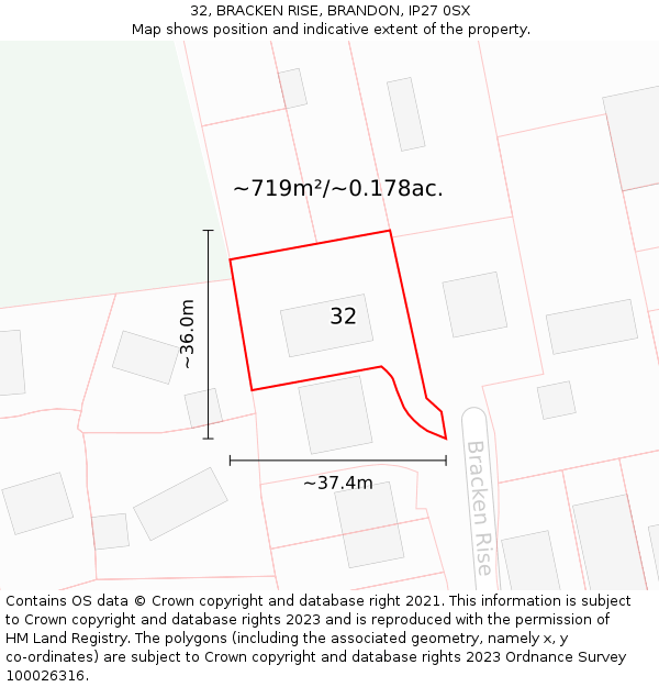 32, BRACKEN RISE, BRANDON, IP27 0SX: Plot and title map