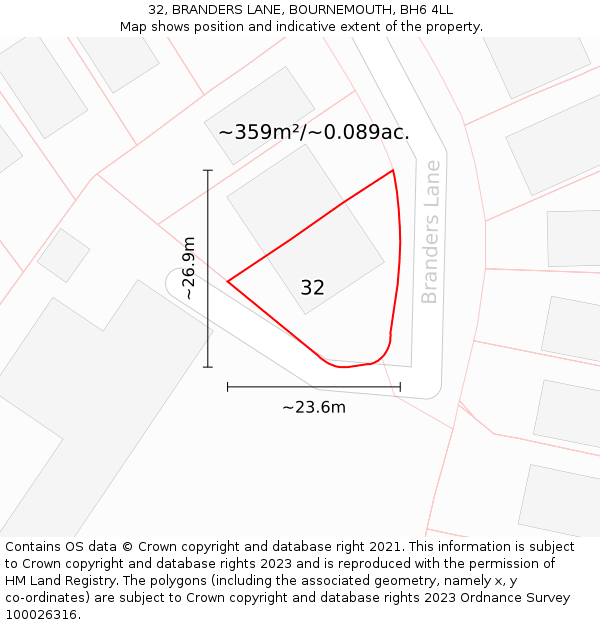 32, BRANDERS LANE, BOURNEMOUTH, BH6 4LL: Plot and title map