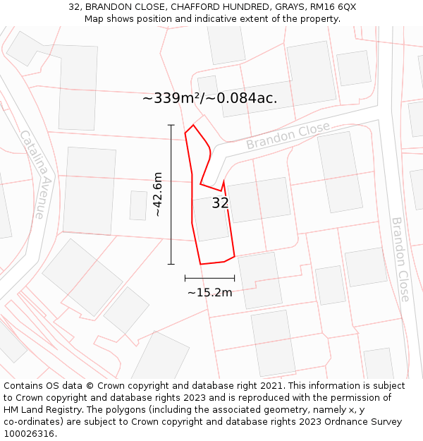 32, BRANDON CLOSE, CHAFFORD HUNDRED, GRAYS, RM16 6QX: Plot and title map